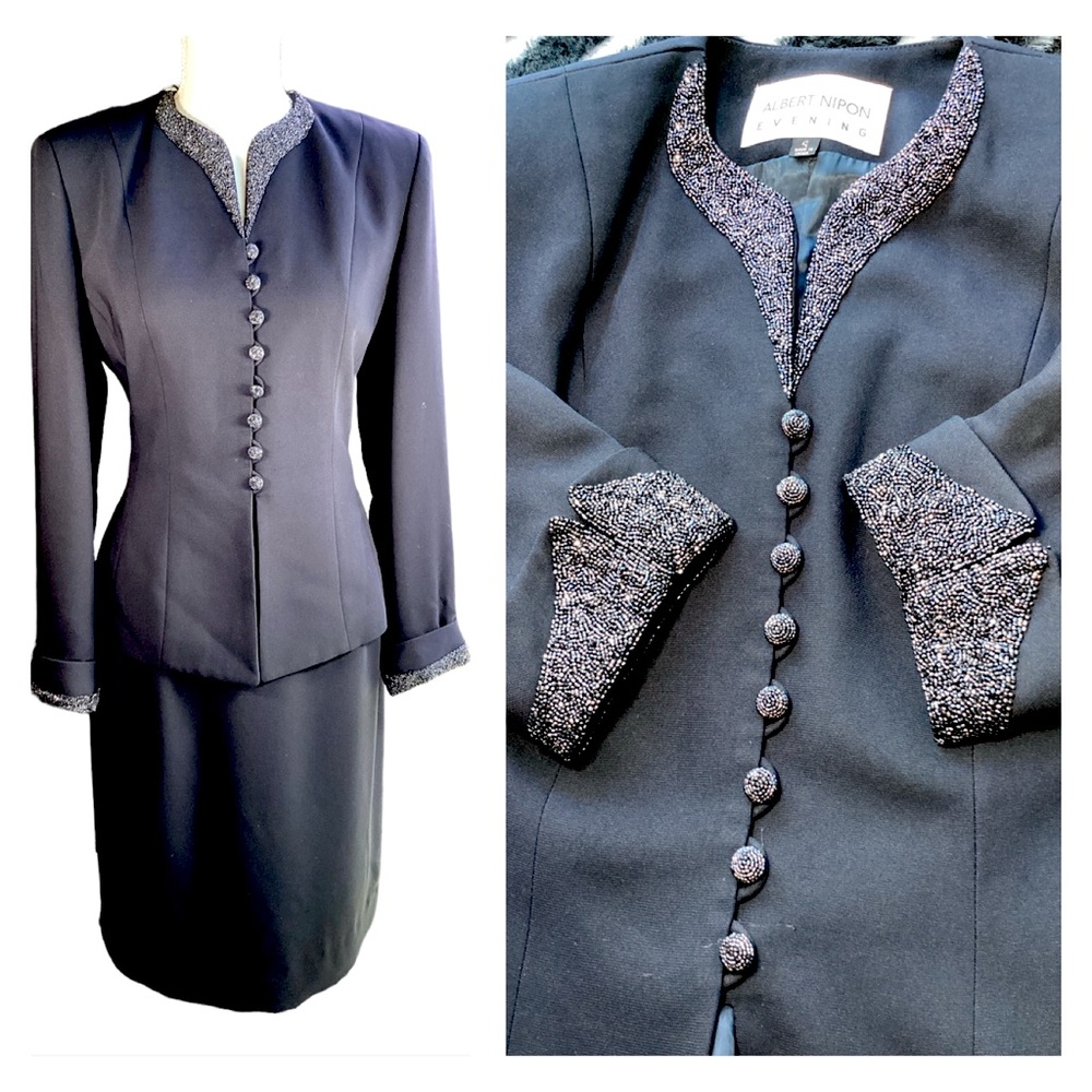 Albert Nipon Black Beaded Dinner Suit Skirt Set. B29